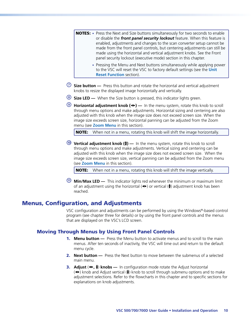 Menus, configuration, and adjustments, Moving through menus by using front panel controls, Moving through menus by using front | Panel controls | Extron Electronics VSC 500_700_700D User Guide User Manual | Page 16 / 45