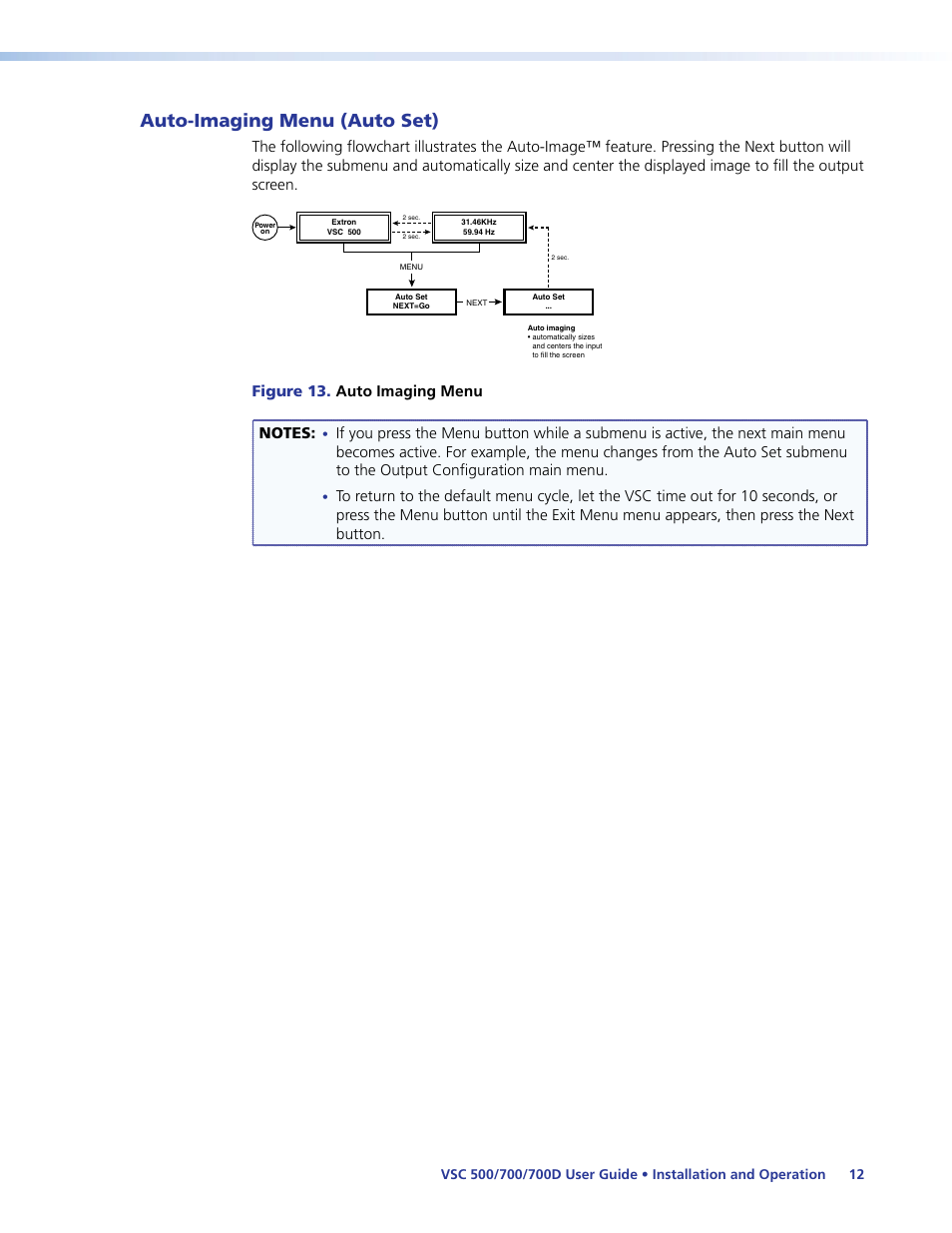 Auto-imaging menu (auto set) | Extron Electronics VSC 500_700_700D User Guide User Manual | Page 18 / 45