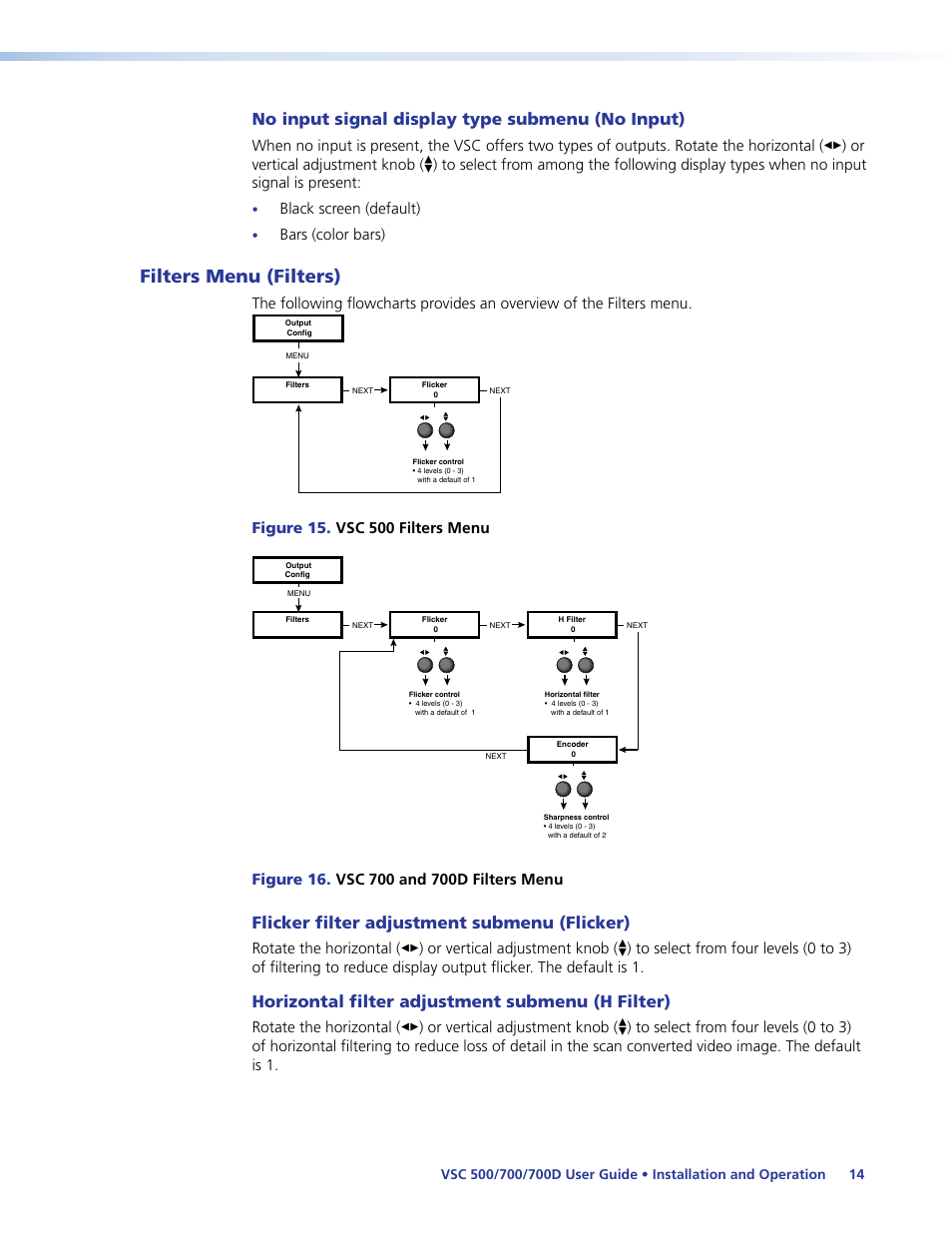 Filters menu (filters), Filters menu, Section, and | No input signal display type submenu (no input), Flicker filter adjustment submenu (flicker), Horizontal filter adjustment submenu (h filter), Black screen (default), Bars (color bars) | Extron Electronics VSC 500_700_700D User Guide User Manual | Page 20 / 45