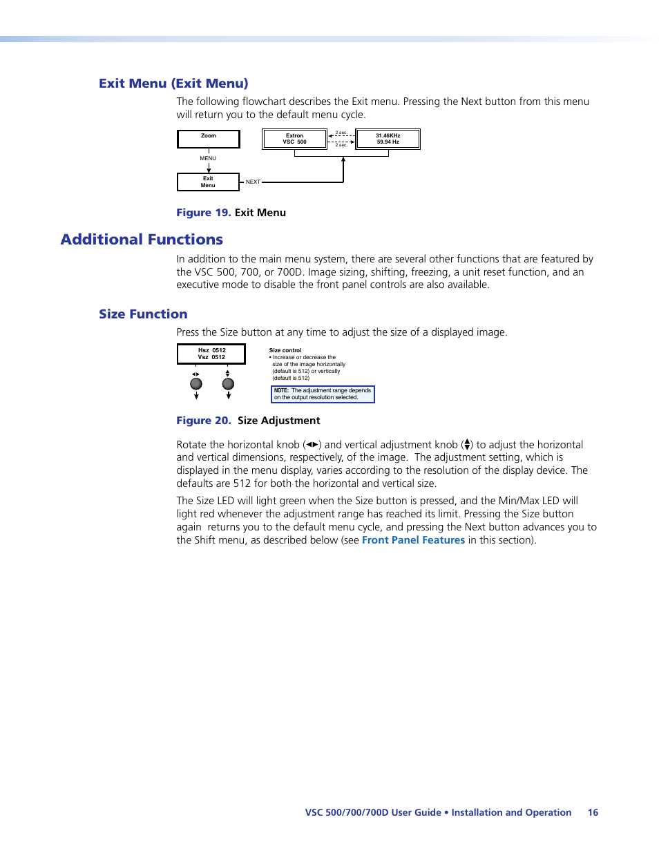 Exit menu (exit menu), Additional functions, Size function | Figure 19. exit menu | Extron Electronics VSC 500_700_700D User Guide User Manual | Page 22 / 45