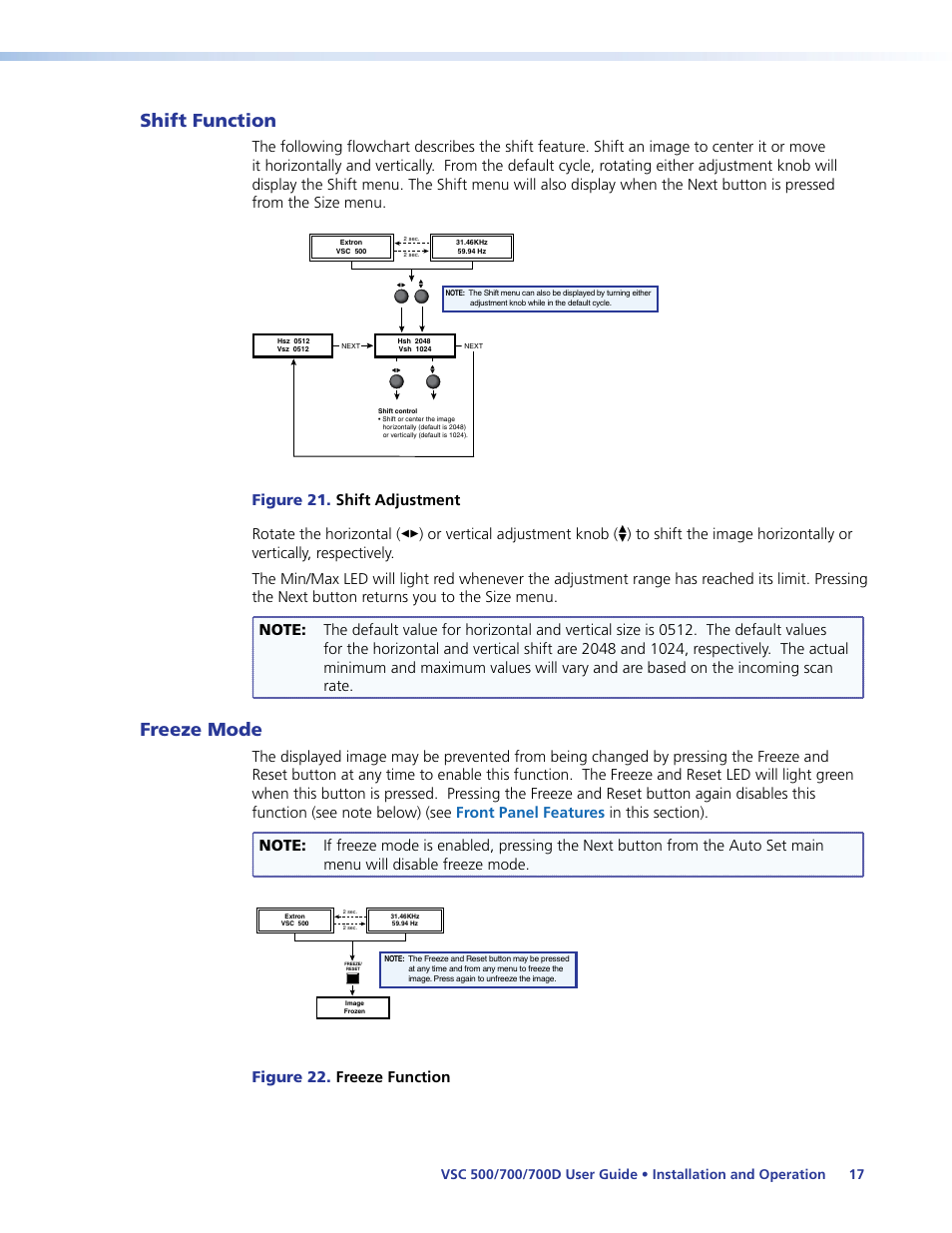 Shift function, Freeze mode, Shift function freeze mode | Shift, Function, Figure 22. freeze function | Extron Electronics VSC 500_700_700D User Guide User Manual | Page 23 / 45