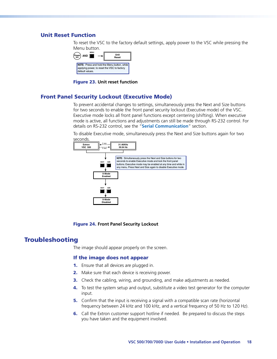 Unit reset function, Front panel security lockout (executive mode), Troubleshooting | Unit reset function front panel security lockout, Executive mode), If the image does not appear, Figure 23. unit reset function, Figure 24. front panel security lockout, The image should appear properly on the screen | Extron Electronics VSC 500_700_700D User Guide User Manual | Page 24 / 45