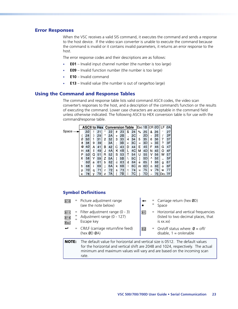 Error responses, Using the command and response tables | Extron Electronics VSC 500_700_700D User Guide User Manual | Page 29 / 45