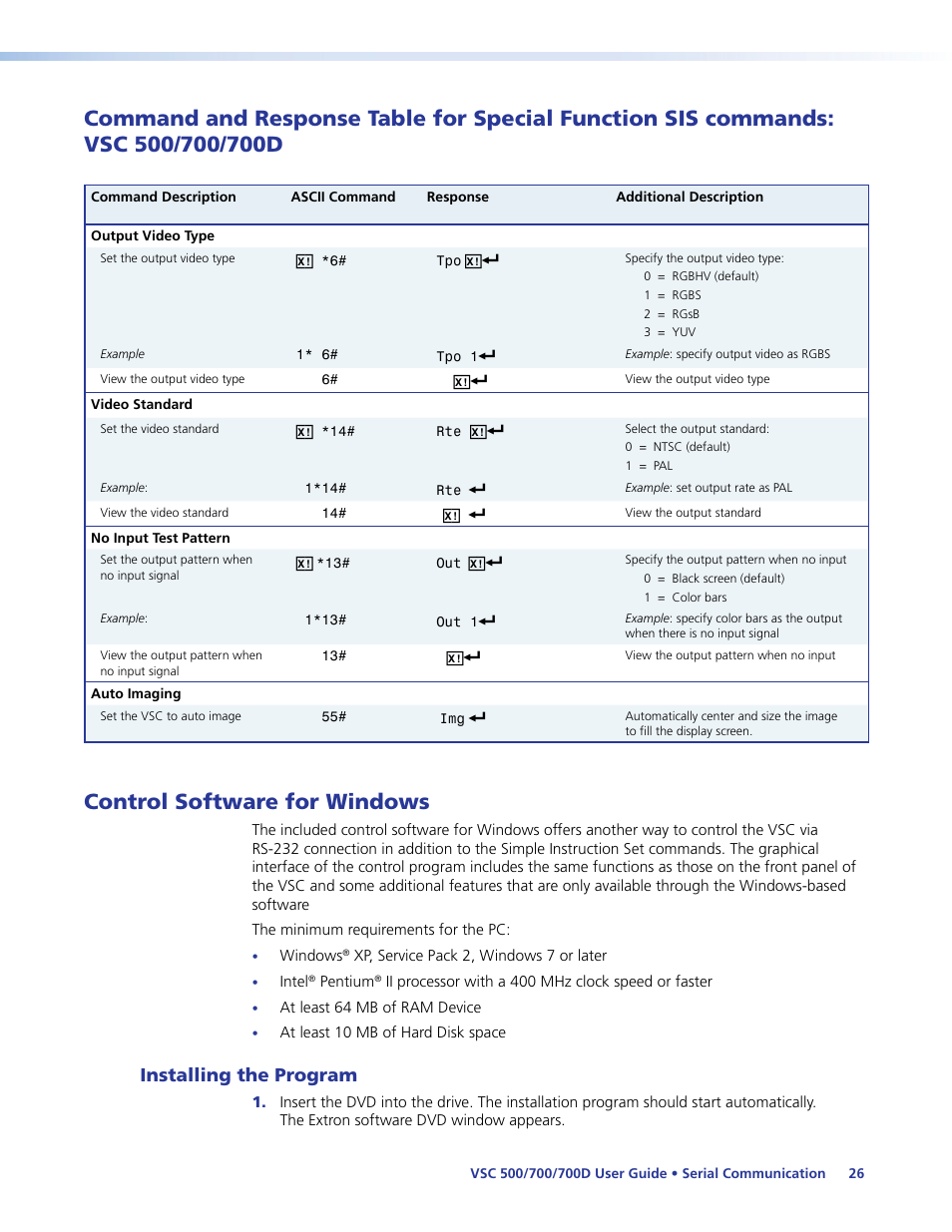 Control software for windows, Installing the program, Command and response table for special | Function sis commands: vsc 500/700/700d | Extron Electronics VSC 500_700_700D User Guide User Manual | Page 32 / 45