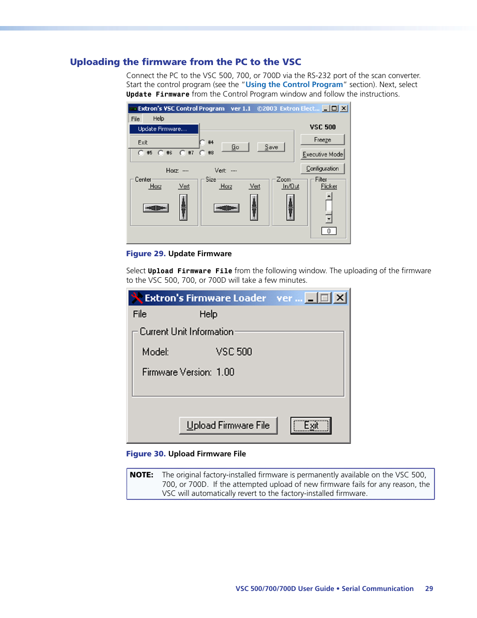 Uploading the firmware from the pc to the vsc, Uploading the firmware from the pc to the | Extron Electronics VSC 500_700_700D User Guide User Manual | Page 35 / 45