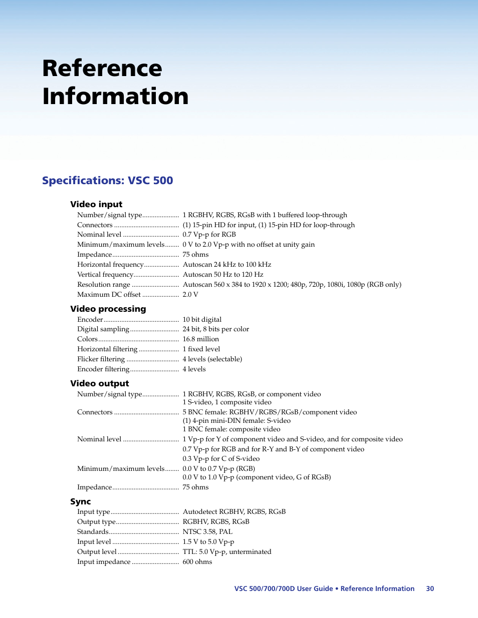 Reference information, Specifications: vsc 500 | Extron Electronics VSC 500_700_700D User Guide User Manual | Page 36 / 45