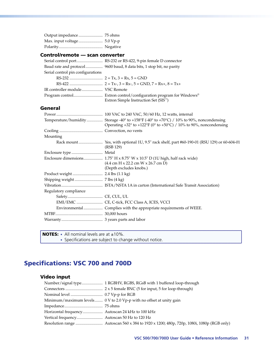 Specifications: vsc 700 and 700d | Extron Electronics VSC 500_700_700D User Guide User Manual | Page 37 / 45