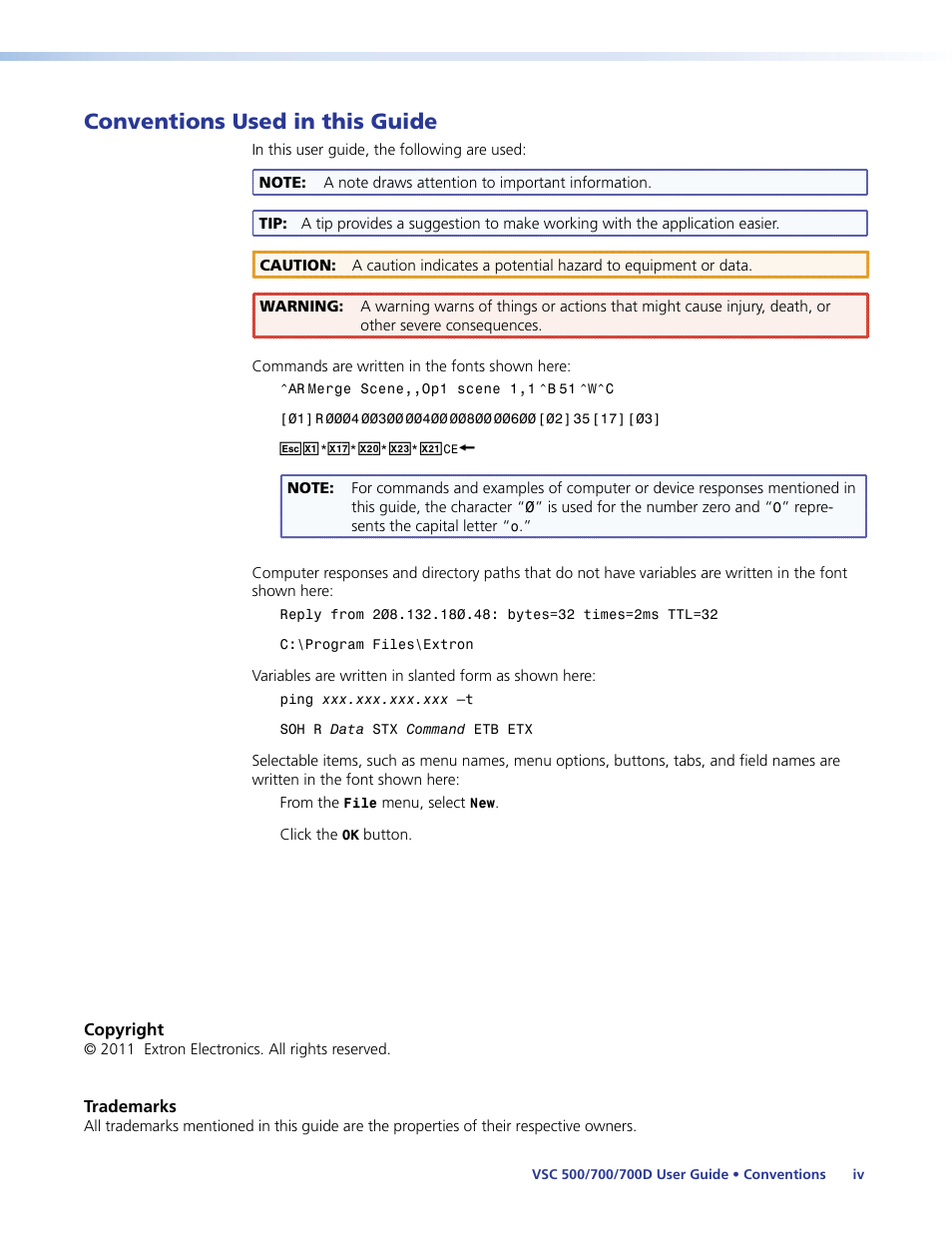 Conventions used in this guide | Extron Electronics VSC 500_700_700D User Guide User Manual | Page 4 / 45