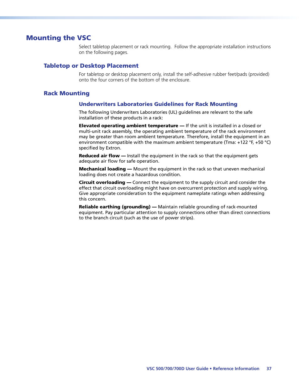 Tabletop or desktop placement, Rack mounting, Tabletop or desktop placement rack mounting | Mounting the vsc | Extron Electronics VSC 500_700_700D User Guide User Manual | Page 43 / 45