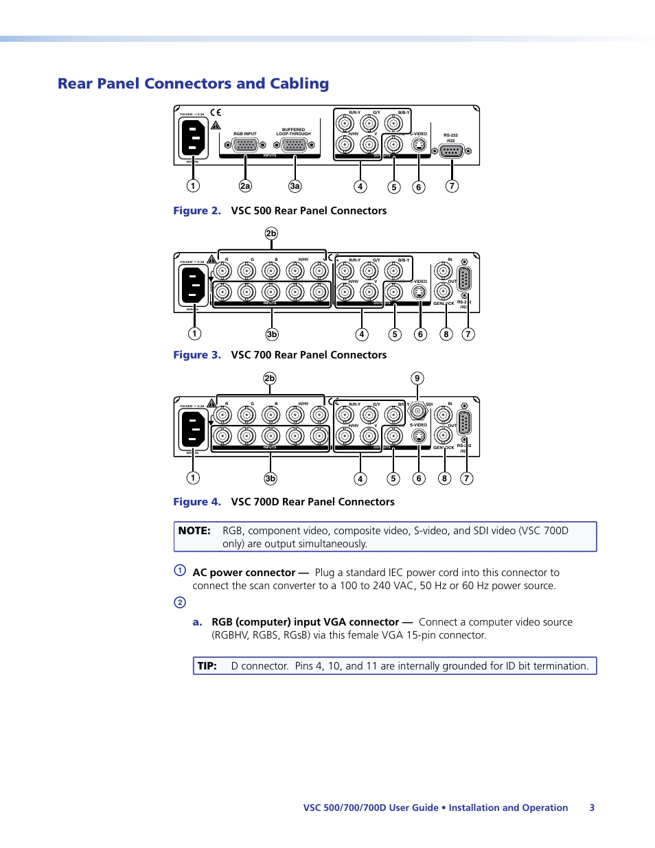 Rear panel connectors and cabling, Figure 2. vsc 500 rear panel connectors, Figure 3. vsc 700 rear panel connectors | Extron Electronics VSC 500_700_700D User Guide User Manual | Page 9 / 45