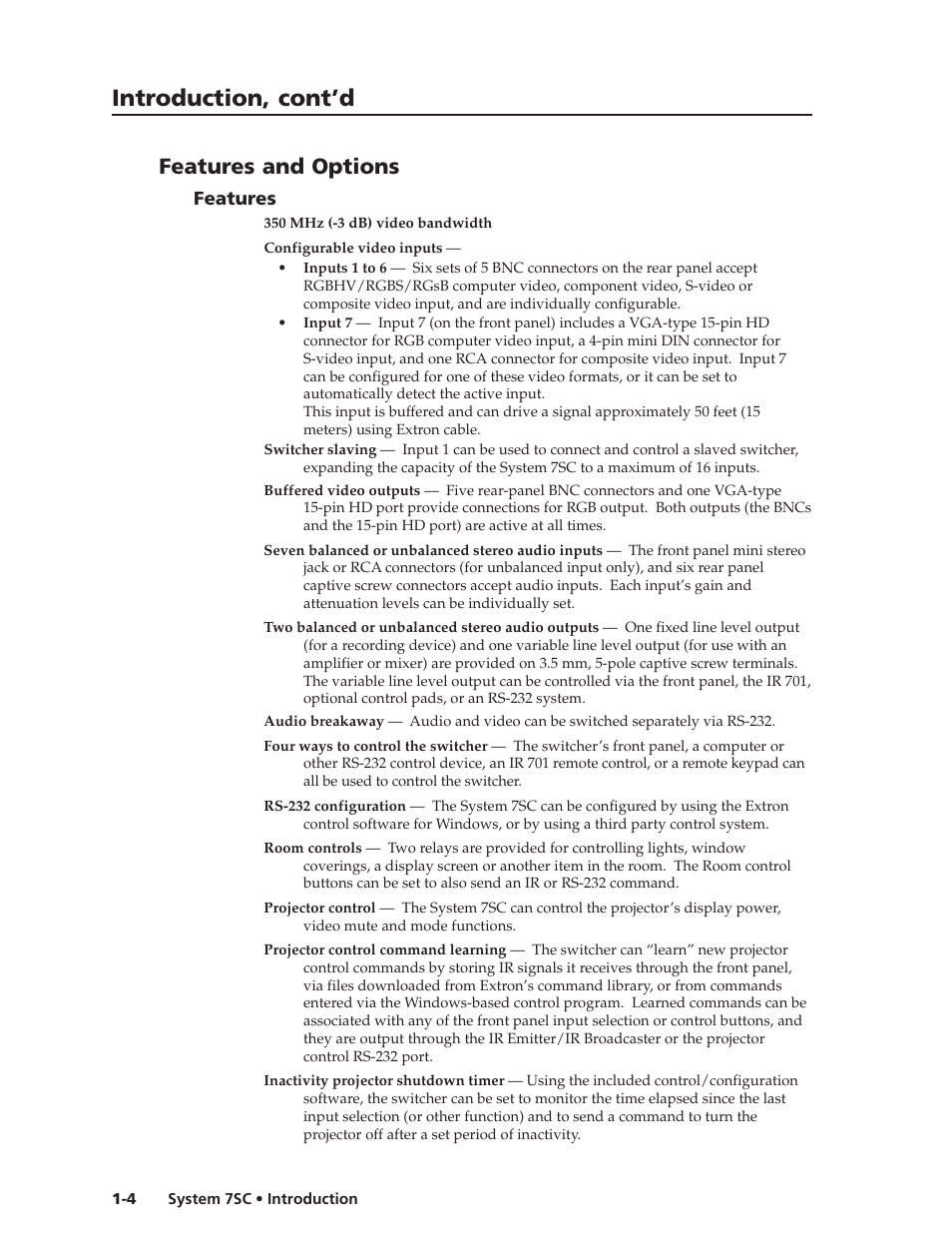 Introduction, cont’d, Features and options, Features | Extron Electronics System 7SC User Manual | Page 10 / 74