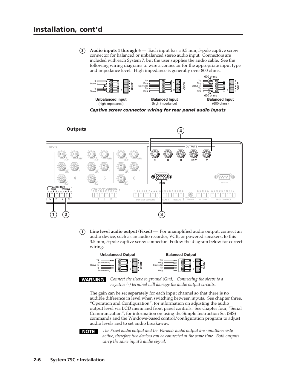 Installation, cont’d, System 7sc • installation 2-6, Outputs | Extron Electronics System 7SC User Manual | Page 18 / 74