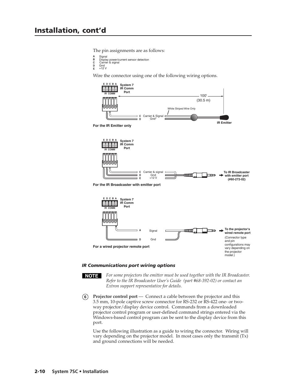 Installation, cont’d, System 7sc • installation 2-10, The pin assignments are as follows | Extron Electronics System 7SC User Manual | Page 22 / 74