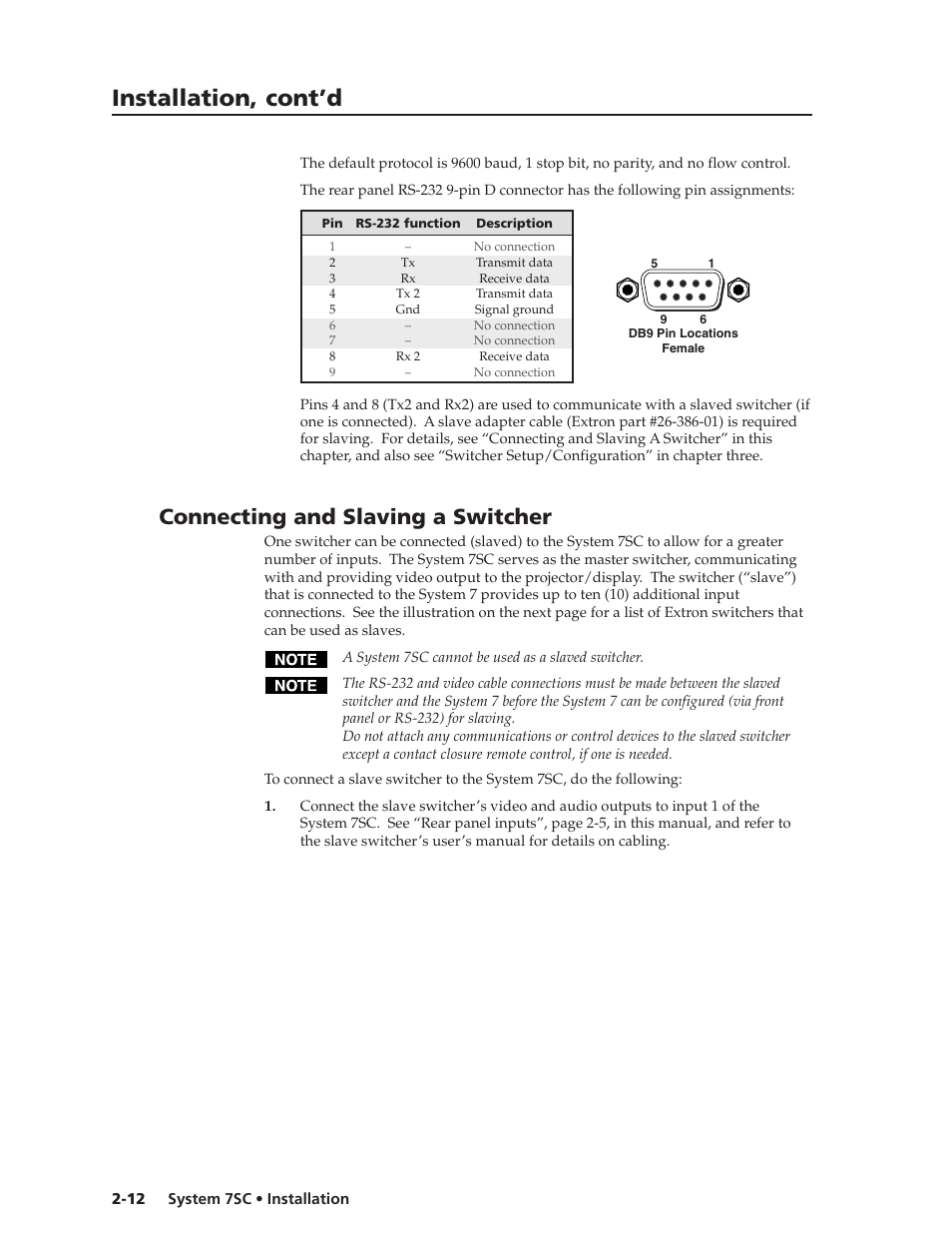 Installation, cont’d, Connecting and slaving a switcher | Extron Electronics System 7SC User Manual | Page 24 / 74