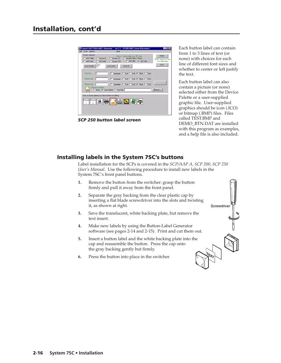 Installation, cont’d, Installing labels in the system 7sc’s buttons | Extron Electronics System 7SC User Manual | Page 28 / 74