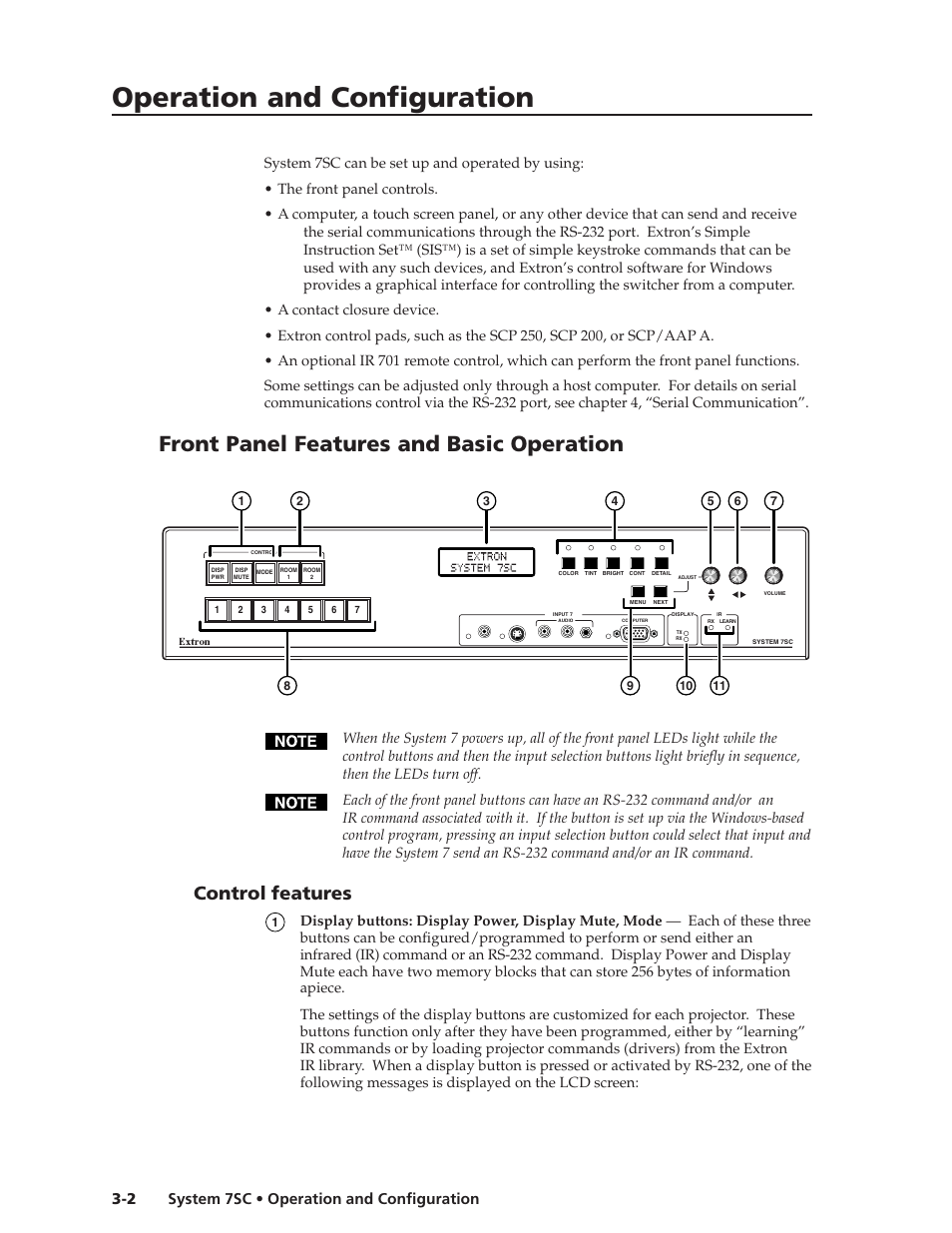 Operation and configuration, Front panel features and basic operation, Control features | System 7sc • operation and configuration 3-2 | Extron Electronics System 7SC User Manual | Page 30 / 74