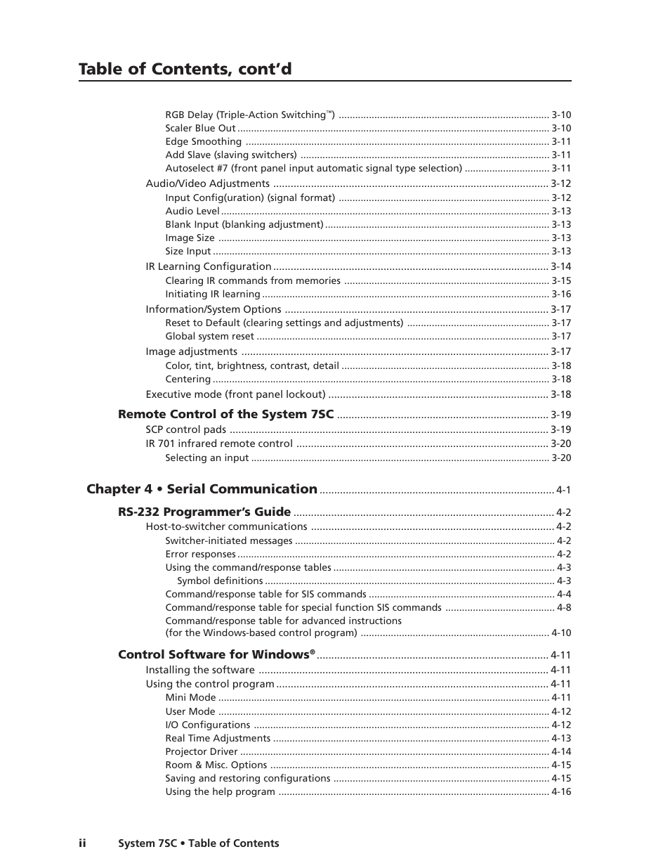 Table of contents, cont’d, Chapter 4 • serial communication | Extron Electronics System 7SC User Manual | Page 4 / 74