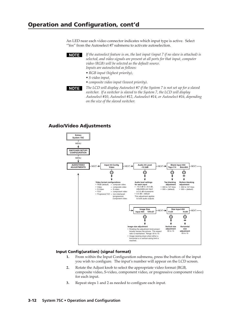 Operation and configuration, cont’d, Audio/video adjustments, System 7sc • operation and configuration 3-12 | Input config(uration) (signal format) | Extron Electronics System 7SC User Manual | Page 40 / 74