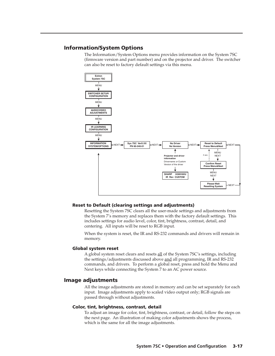 Information/system options, Image adjustments, 17 system 7sc • operation and configuration | Global system reset, Color, tint, brightness, contrast, detail | Extron Electronics System 7SC User Manual | Page 45 / 74