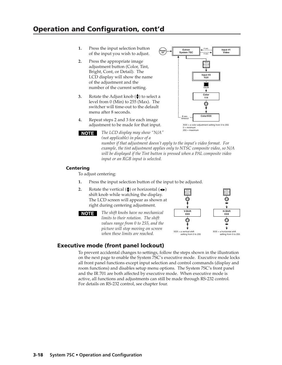 Operation and configuration, cont’d, Executive mode (front panel lockout), System 7sc • operation and configuration 3-18 | Centering | Extron Electronics System 7SC User Manual | Page 46 / 74