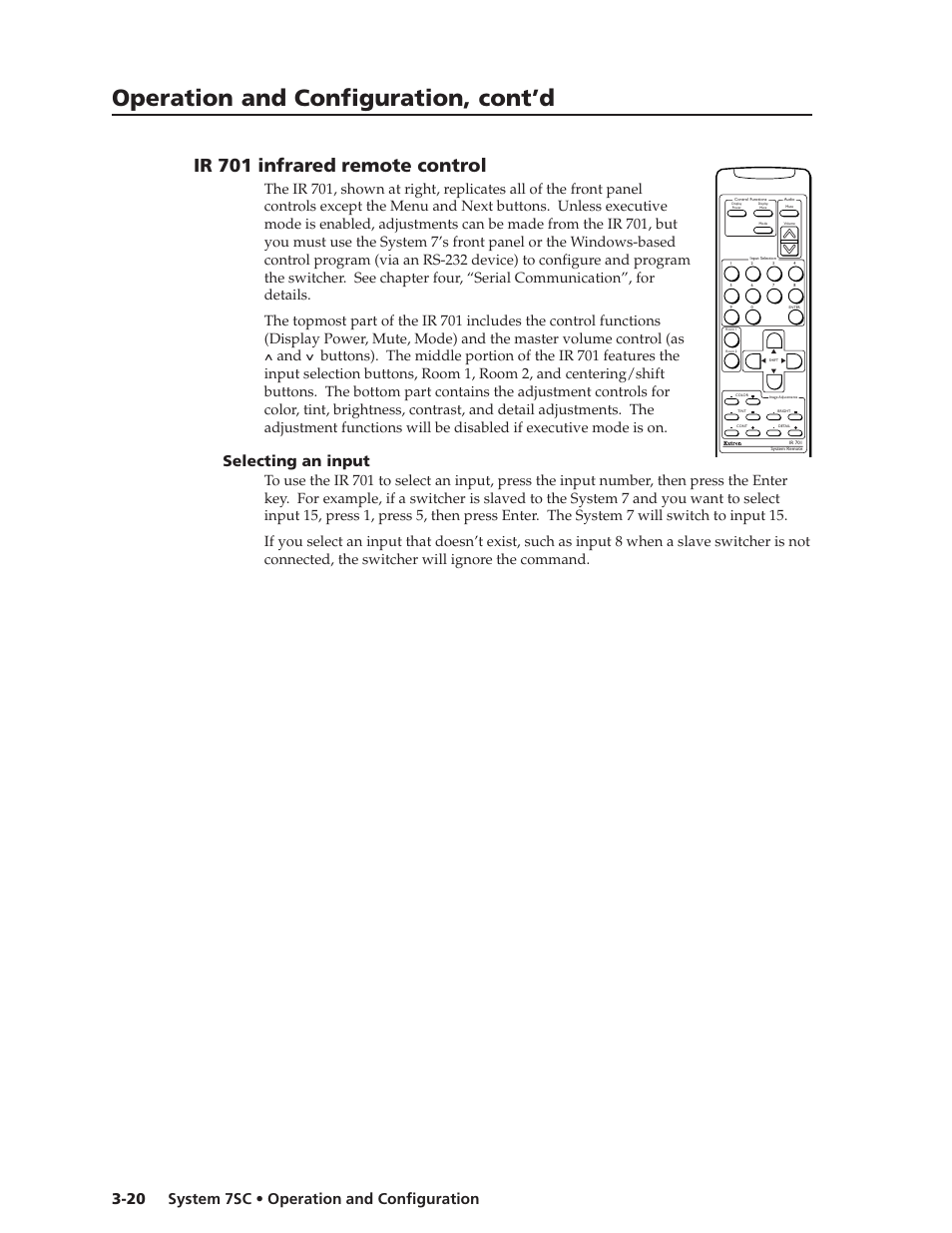 Operation and configuration, cont’d, Ir 701 infrared remote control, System 7sc • operation and configuration 3-20 | Selecting an input | Extron Electronics System 7SC User Manual | Page 48 / 74