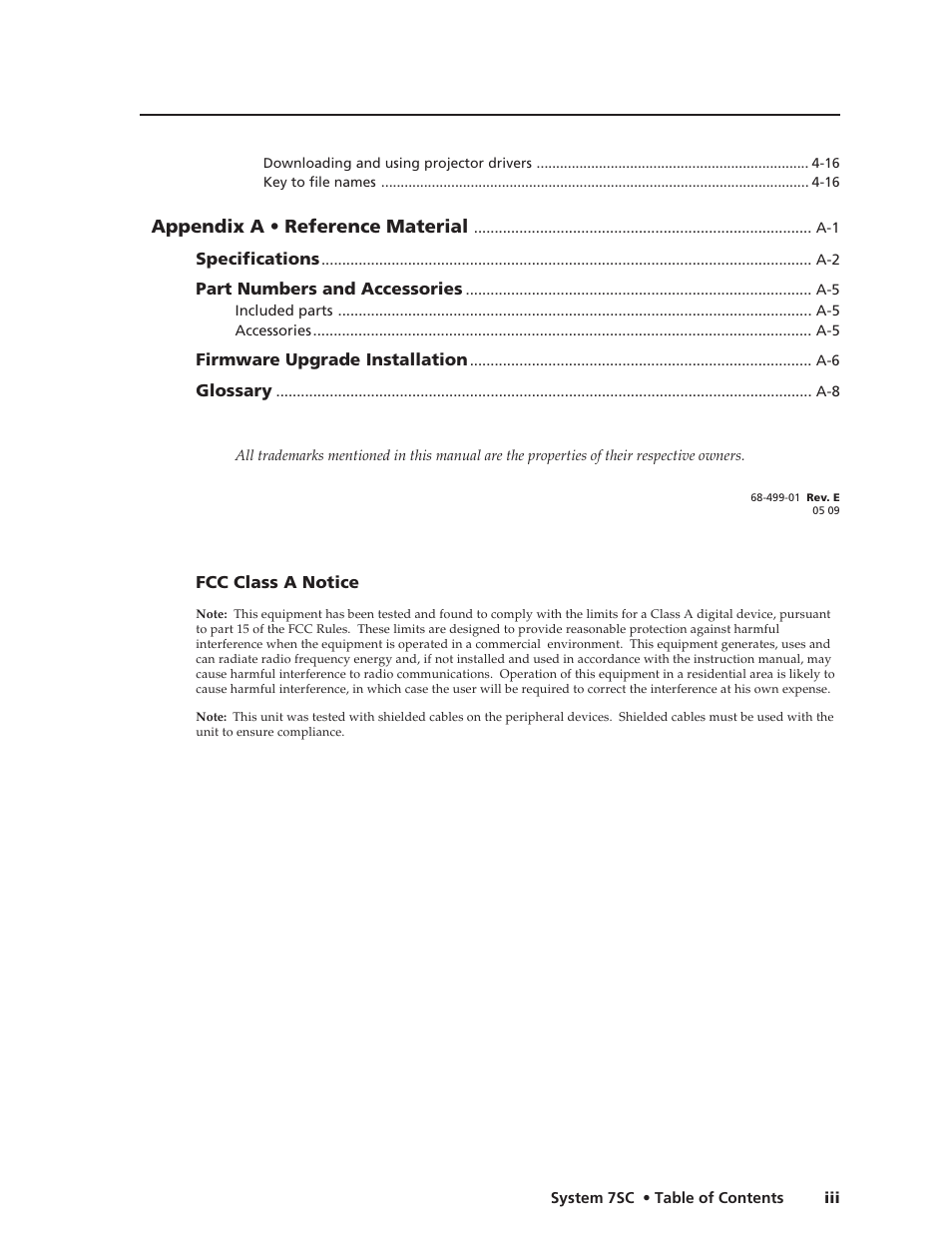 Fcc class a notice, Appendix a • reference material | Extron Electronics System 7SC User Manual | Page 5 / 74