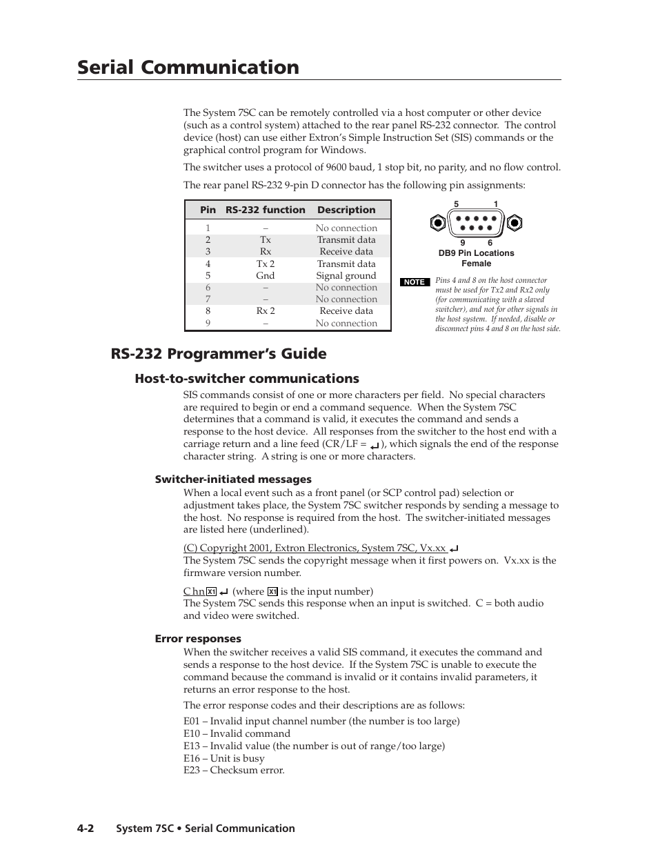 Serial communication, Rs-232 programmer’s guide, Host-to-switcher communications | Extron Electronics System 7SC User Manual | Page 50 / 74