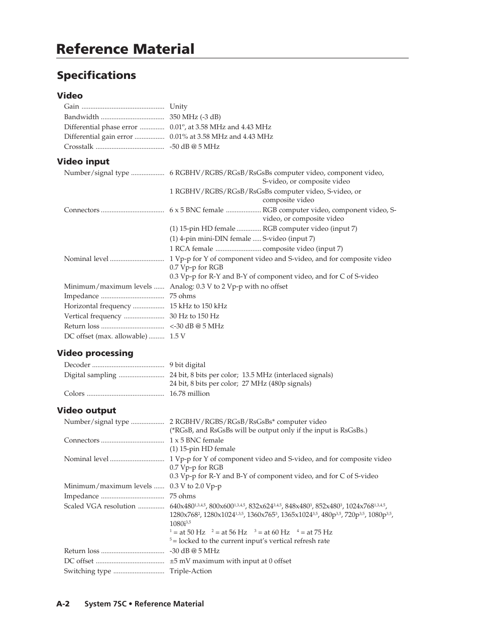 Reference material, Specifications, Video | Video input, Video processing, Video output | Extron Electronics System 7SC User Manual | Page 66 / 74