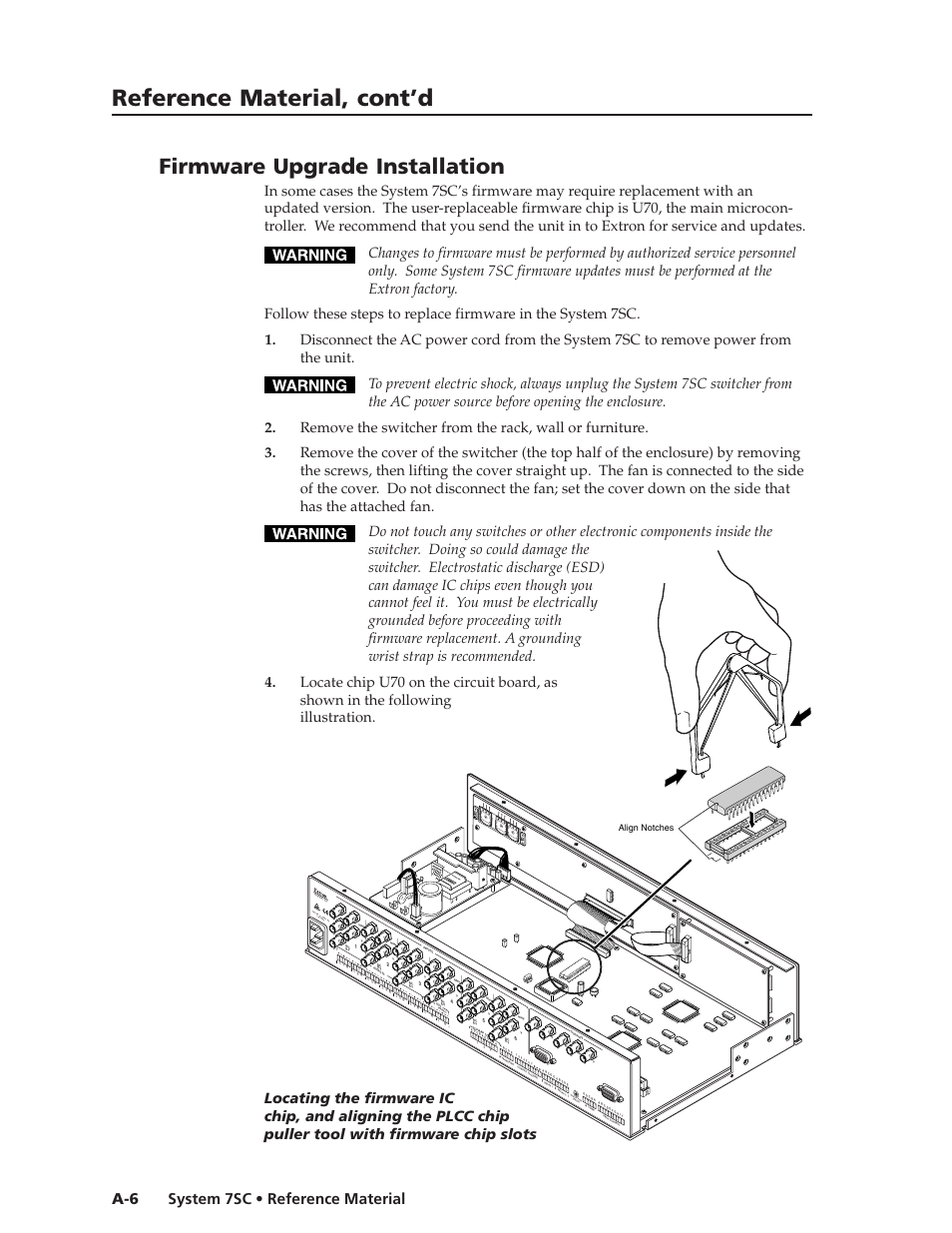 Reference material, cont’d, Firmware upgrade installation, System 7sc • reference material a-6 | Align notches | Extron Electronics System 7SC User Manual | Page 70 / 74