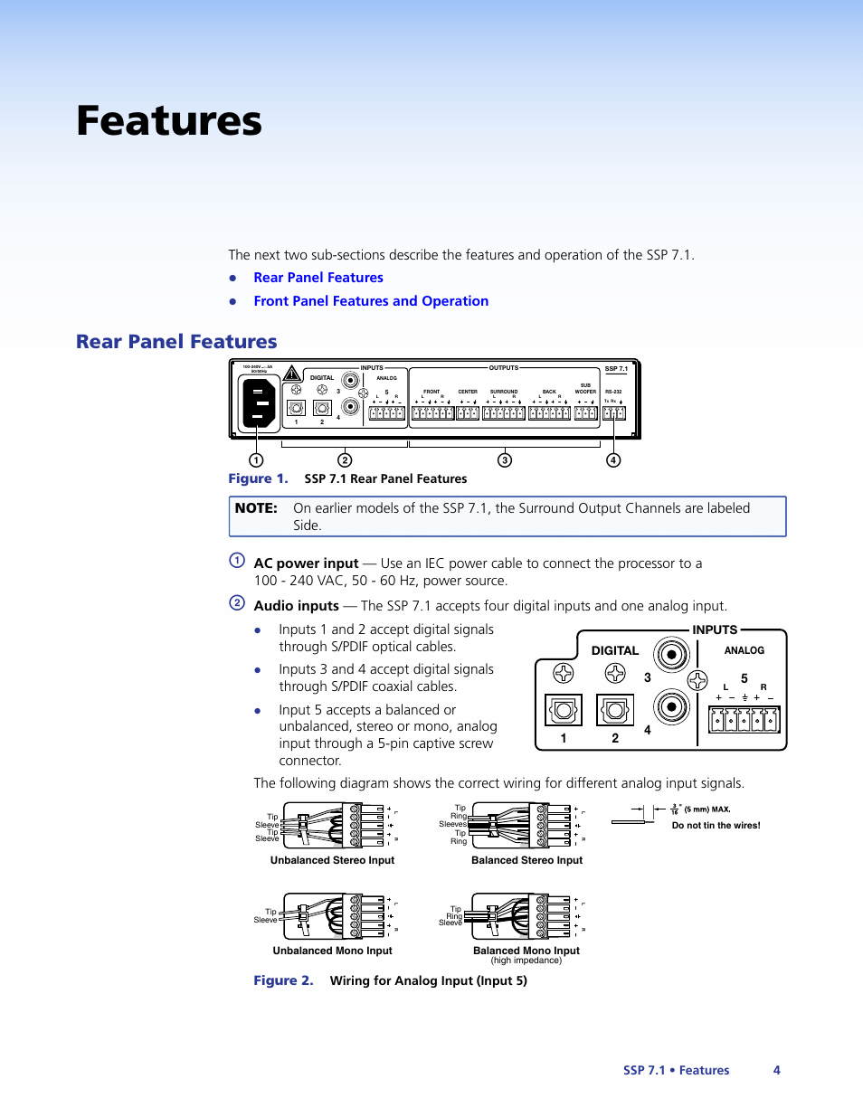 Features, Rear panel features, Bc a d | Front panel features and operation | Extron Electronics SSP 7.1 User Guide User Manual | Page 10 / 112