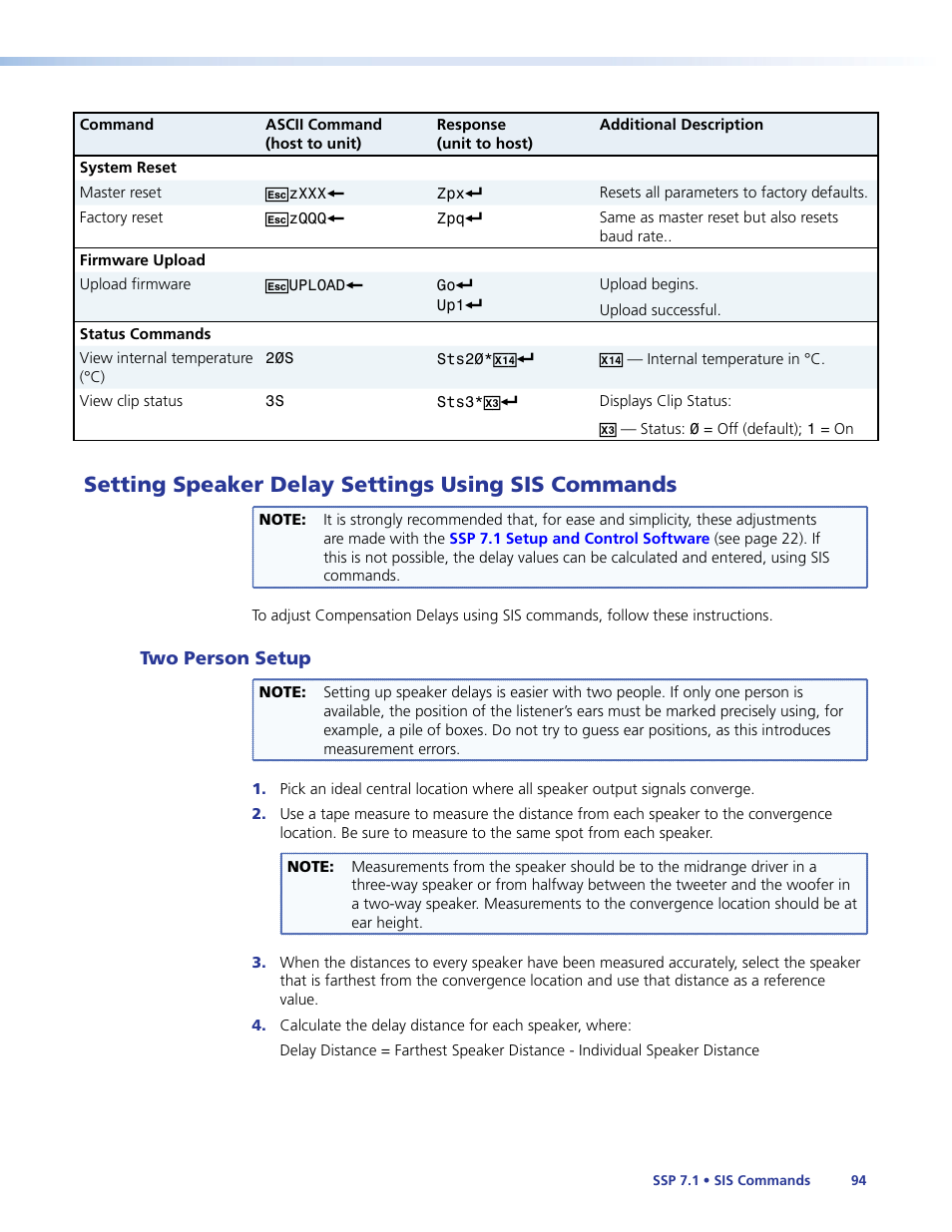 Setting speaker delay settings using sis commands, Two person setup, Setting speaker delay settings using | Sis commands, System reset, Setting speaker delay settings using sis, Commands | Extron Electronics SSP 7.1 User Guide User Manual | Page 100 / 112