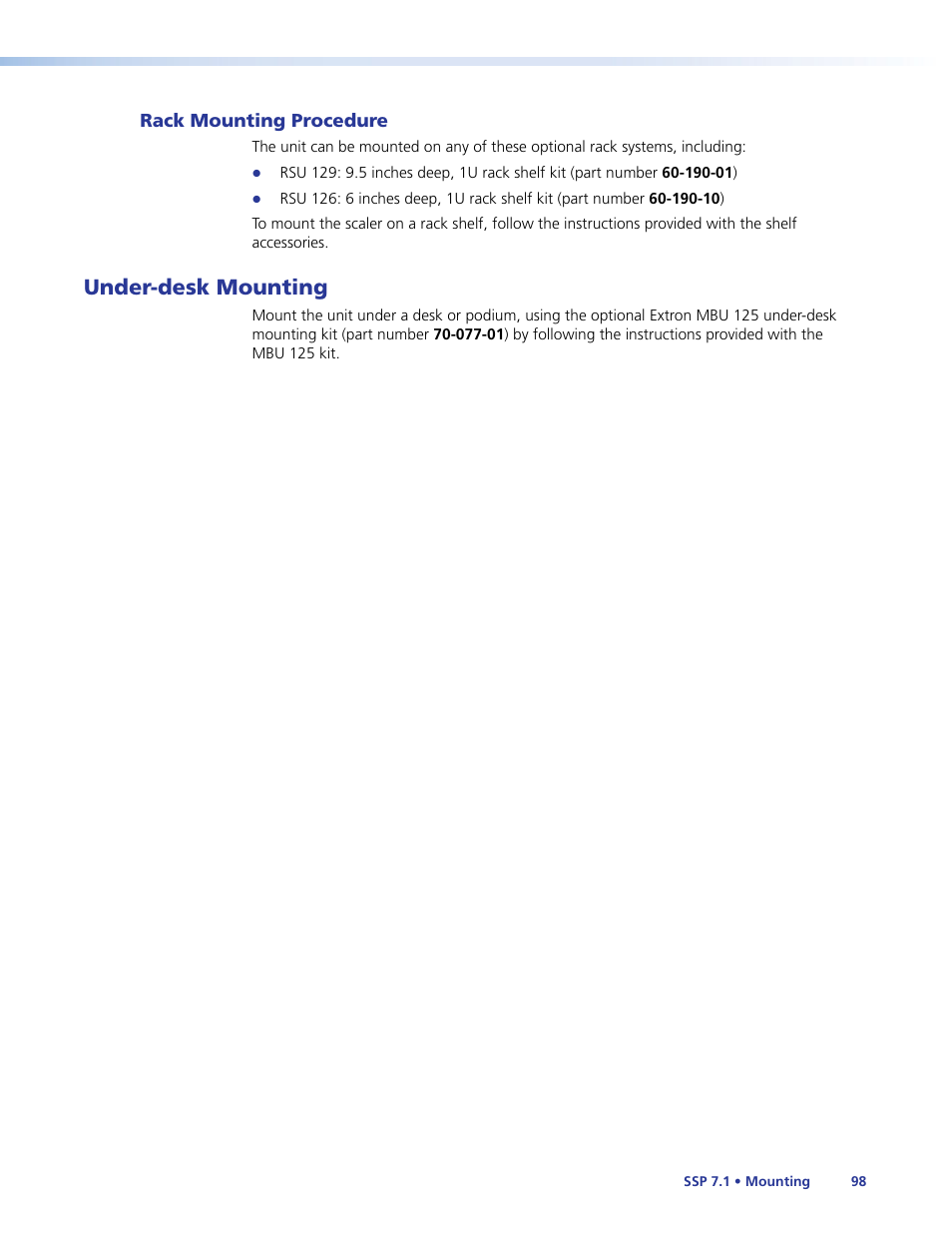 Rack mounting procedure, Under-desk mounting | Extron Electronics SSP 7.1 User Guide User Manual | Page 104 / 112