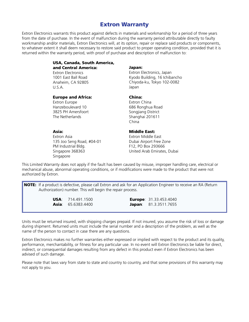 Extron warranty | Extron Electronics SSP 7.1 User Guide User Manual | Page 111 / 112