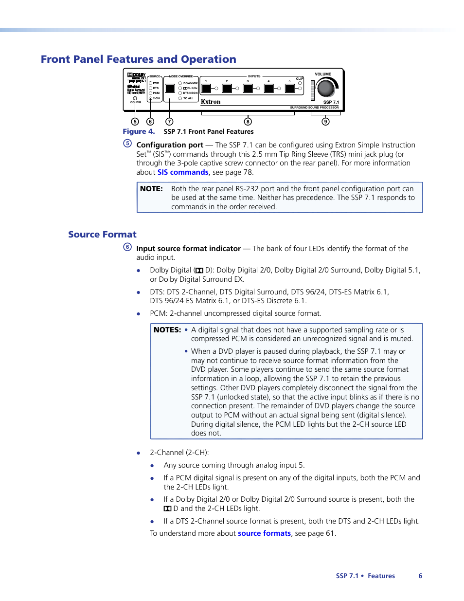 Front panel features and operation, Source format, Front panel features and | Operations, Eh i f g | Extron Electronics SSP 7.1 User Guide User Manual | Page 12 / 112