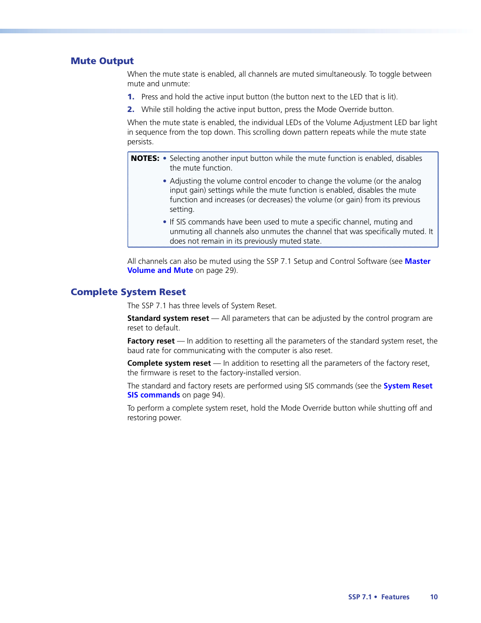 Mute output, Complete system reset, Mute output complete system reset | Mute all outputs, Complete, System reset, Mute all, Outputs | Extron Electronics SSP 7.1 User Guide User Manual | Page 16 / 112