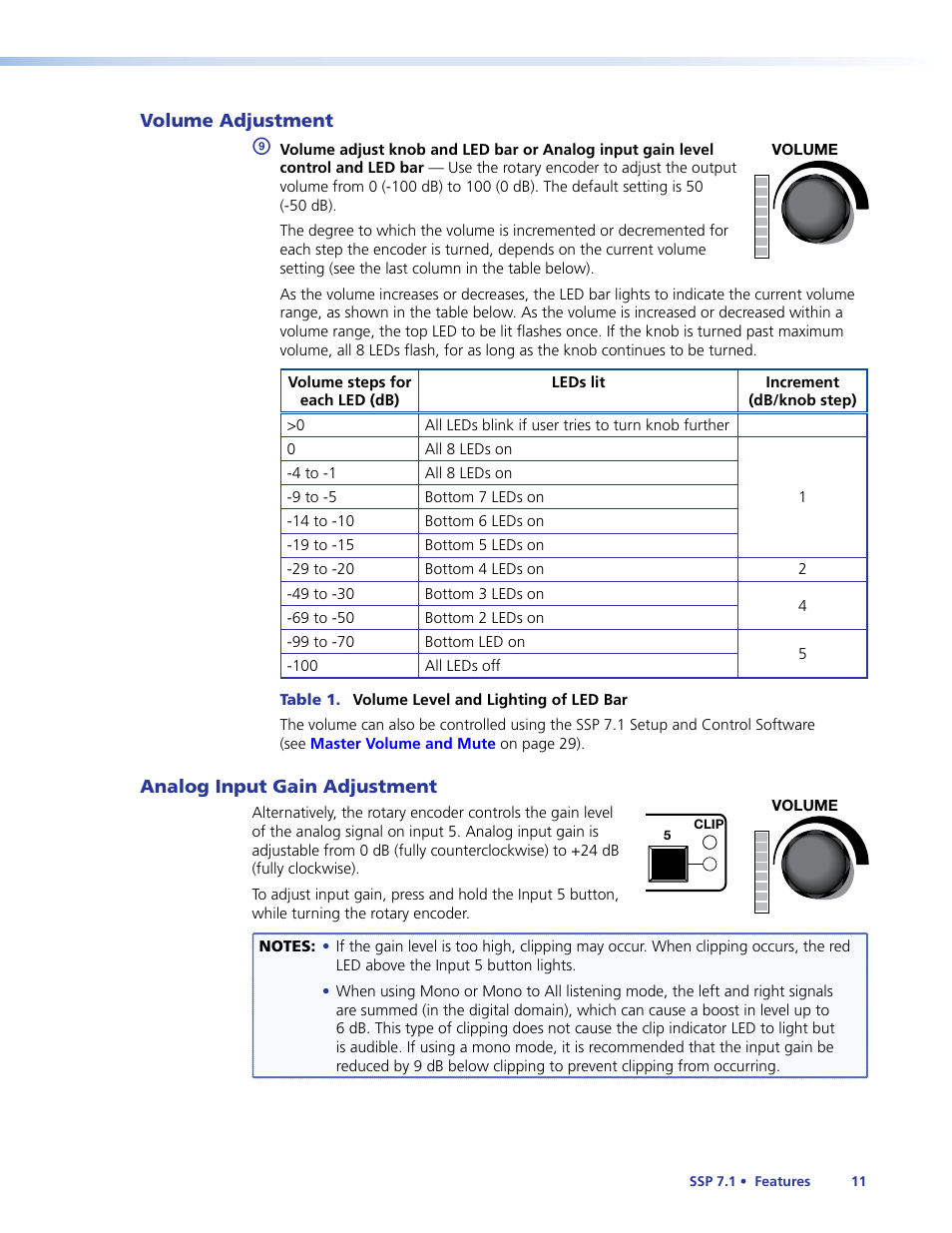 Volume adjustment, Analog input gain adjustment, Volume adjustment analog input gain adjustment | Analog input gain level, For the analog sour | Extron Electronics SSP 7.1 User Guide User Manual | Page 17 / 112