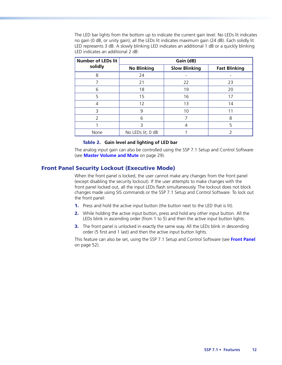 Front panel security lockout (executive mode), Front panel security lockout, Executive mode) | E also used to enable or disable | Extron Electronics SSP 7.1 User Guide User Manual | Page 18 / 112