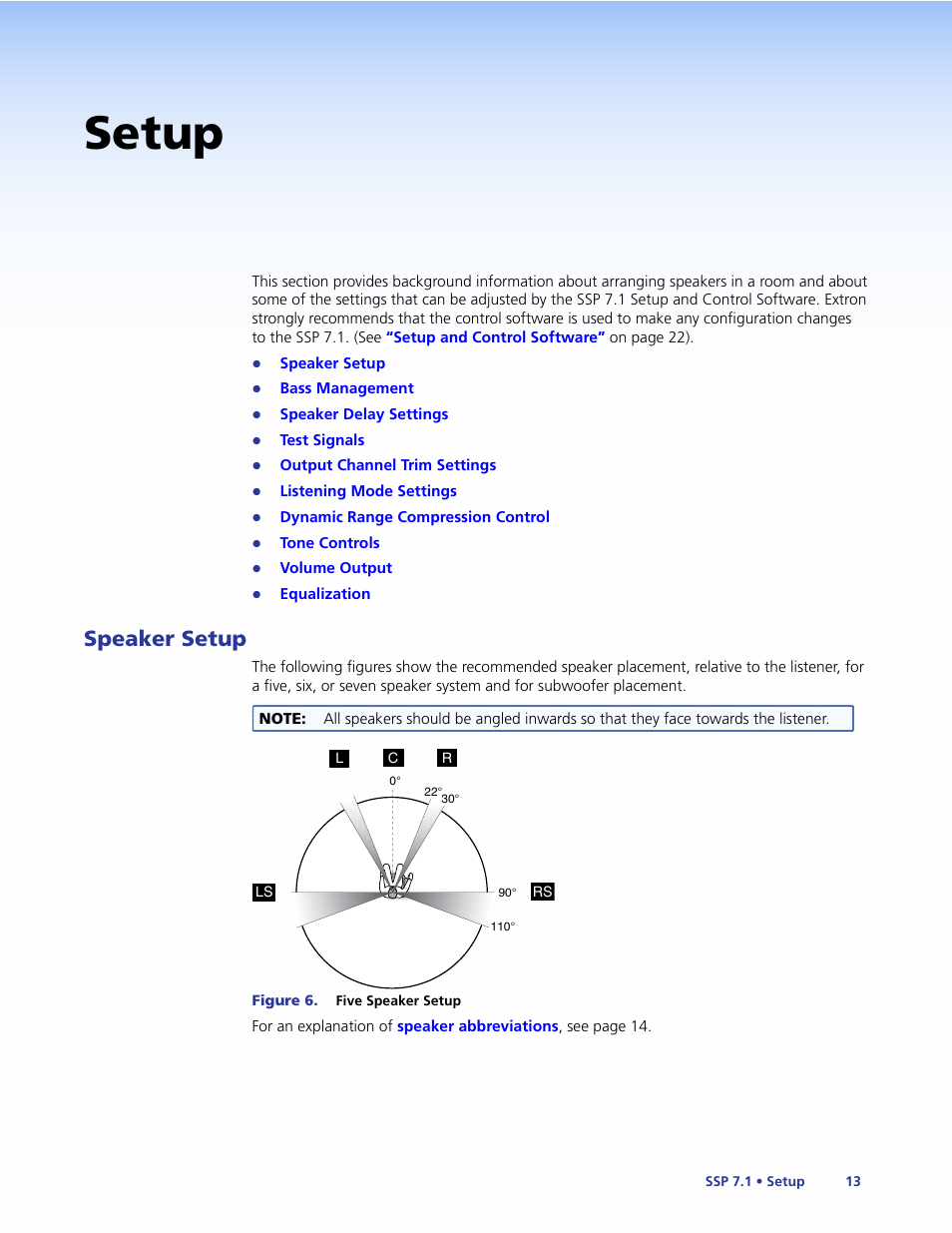 Setup, Speaker setup, Information about | Extron Electronics SSP 7.1 User Guide User Manual | Page 19 / 112