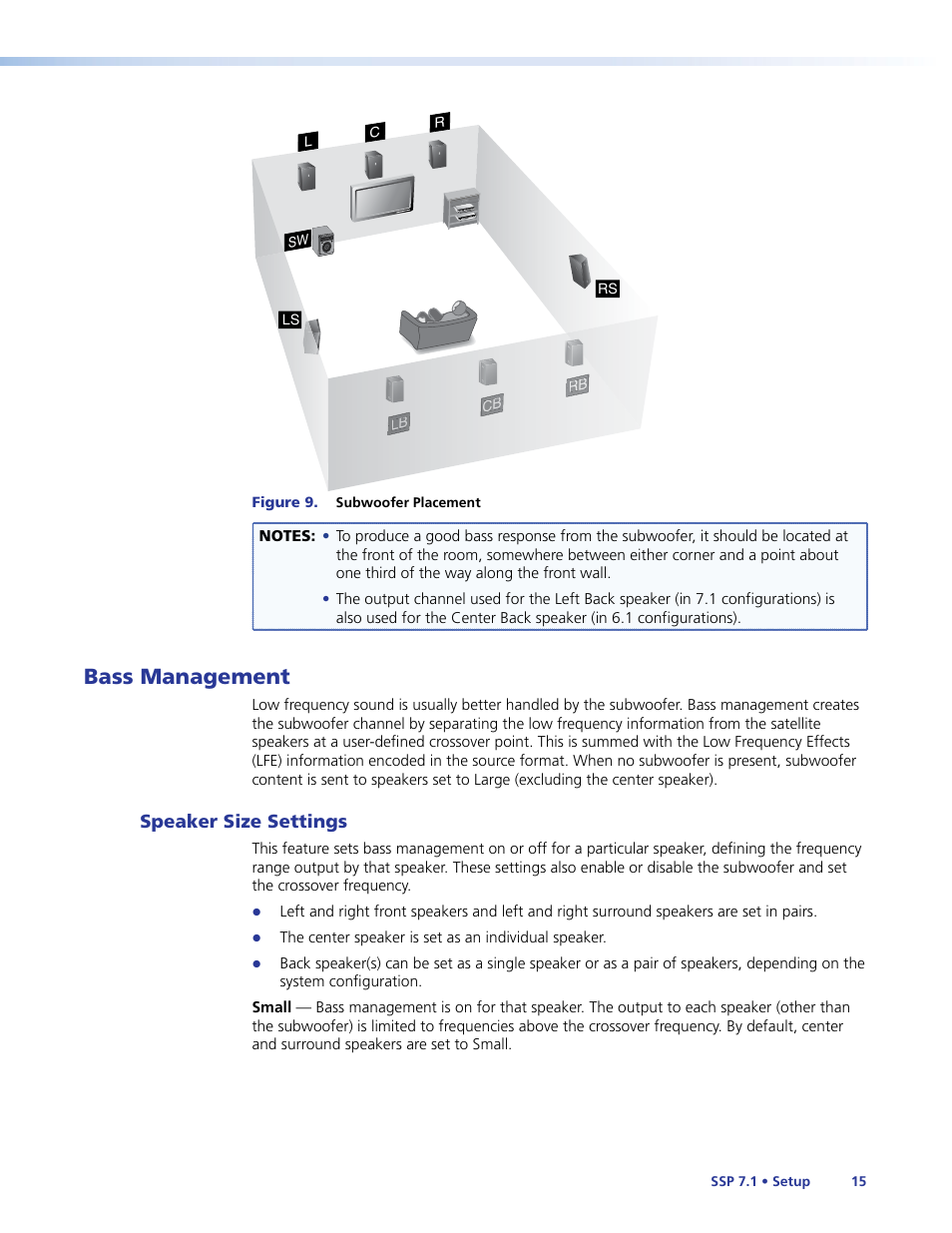 Bass management, Speaker size settings | Extron Electronics SSP 7.1 User Guide User Manual | Page 21 / 112