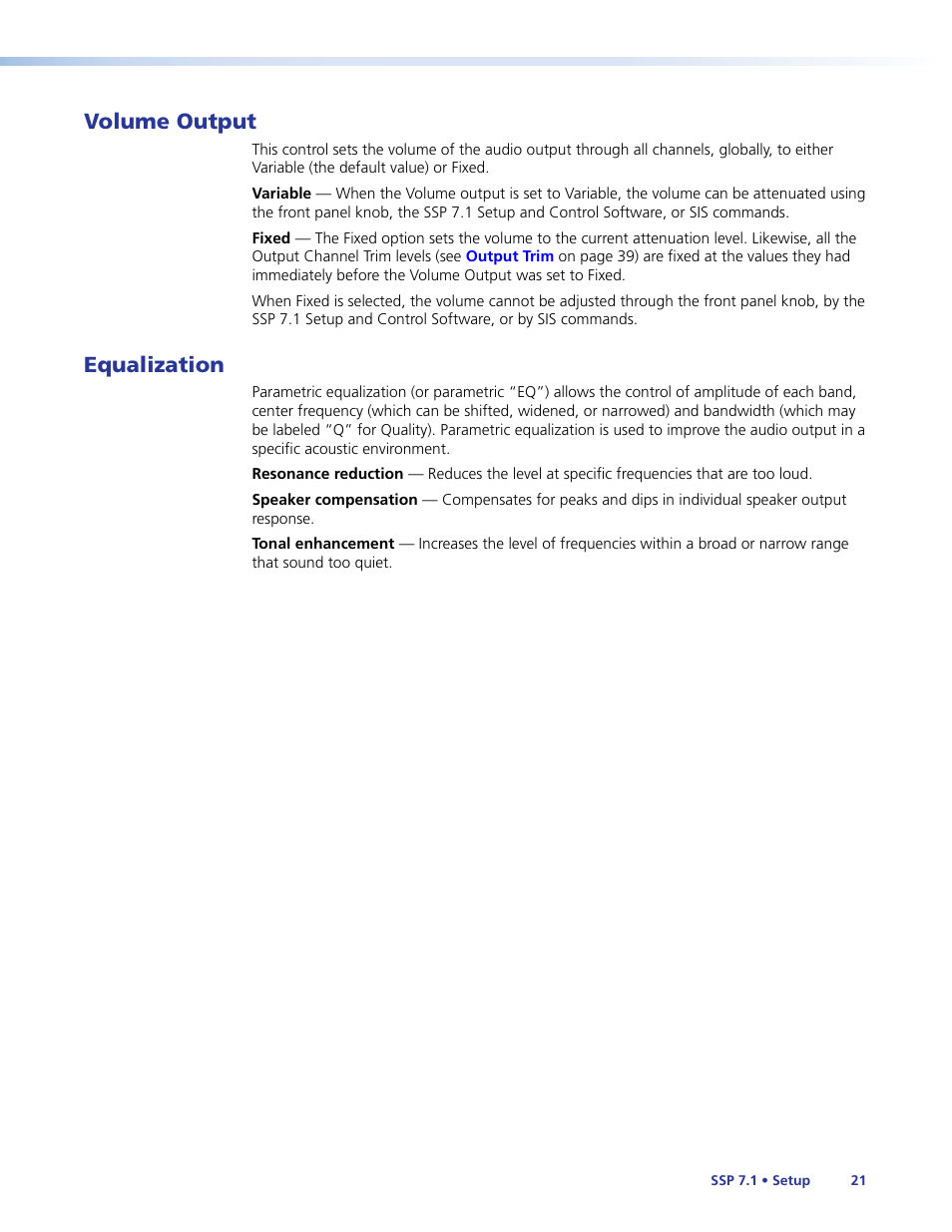 Volume output, Equalization, Volume output equalization | Extron Electronics SSP 7.1 User Guide User Manual | Page 27 / 112
