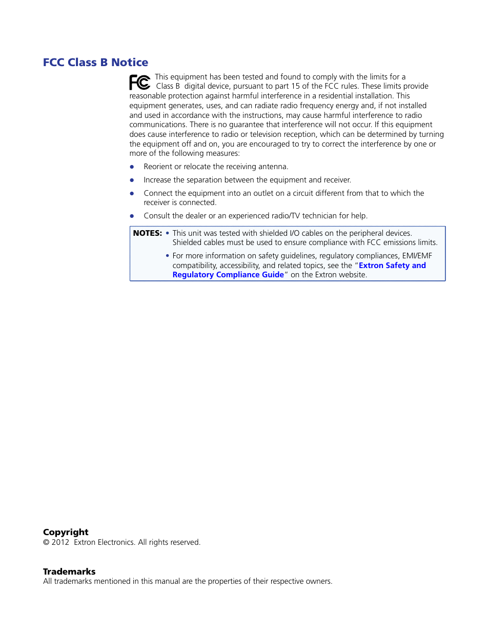 Fcc class b notice, Copyright and trademarks information | Extron Electronics SSP 7.1 User Guide User Manual | Page 3 / 112