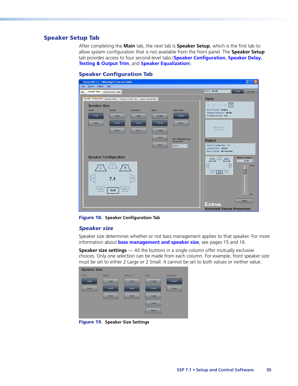 Speaker setup tab, Speaker configuration tab, Speaker setup tab speaker configuration tab | Setup and control, Software, E available, Speaker, Setup | Extron Electronics SSP 7.1 User Guide User Manual | Page 36 / 112