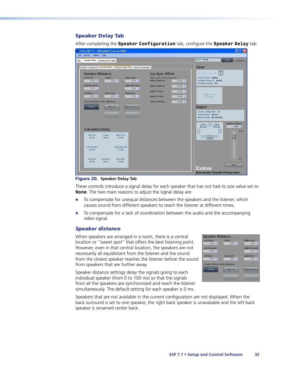 Speaker delay tab, E, see, Speaker | Delay tab, Speaker delay | Extron Electronics SSP 7.1 User Guide User Manual | Page 38 / 112