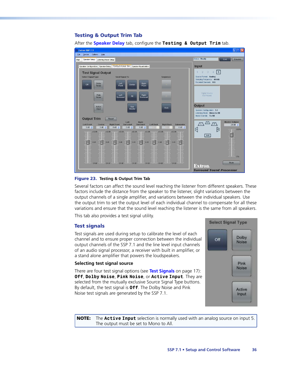 Testing & output trim tab, Test signals, Testing & output trim | Extron Electronics SSP 7.1 User Guide User Manual | Page 42 / 112