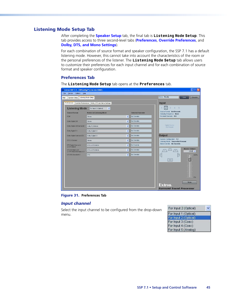 Listening mode setup tab, Preferences tab, Listening mode setup tab preferences tab | Listening mode setup, Select the listening mode | Extron Electronics SSP 7.1 User Guide User Manual | Page 51 / 112