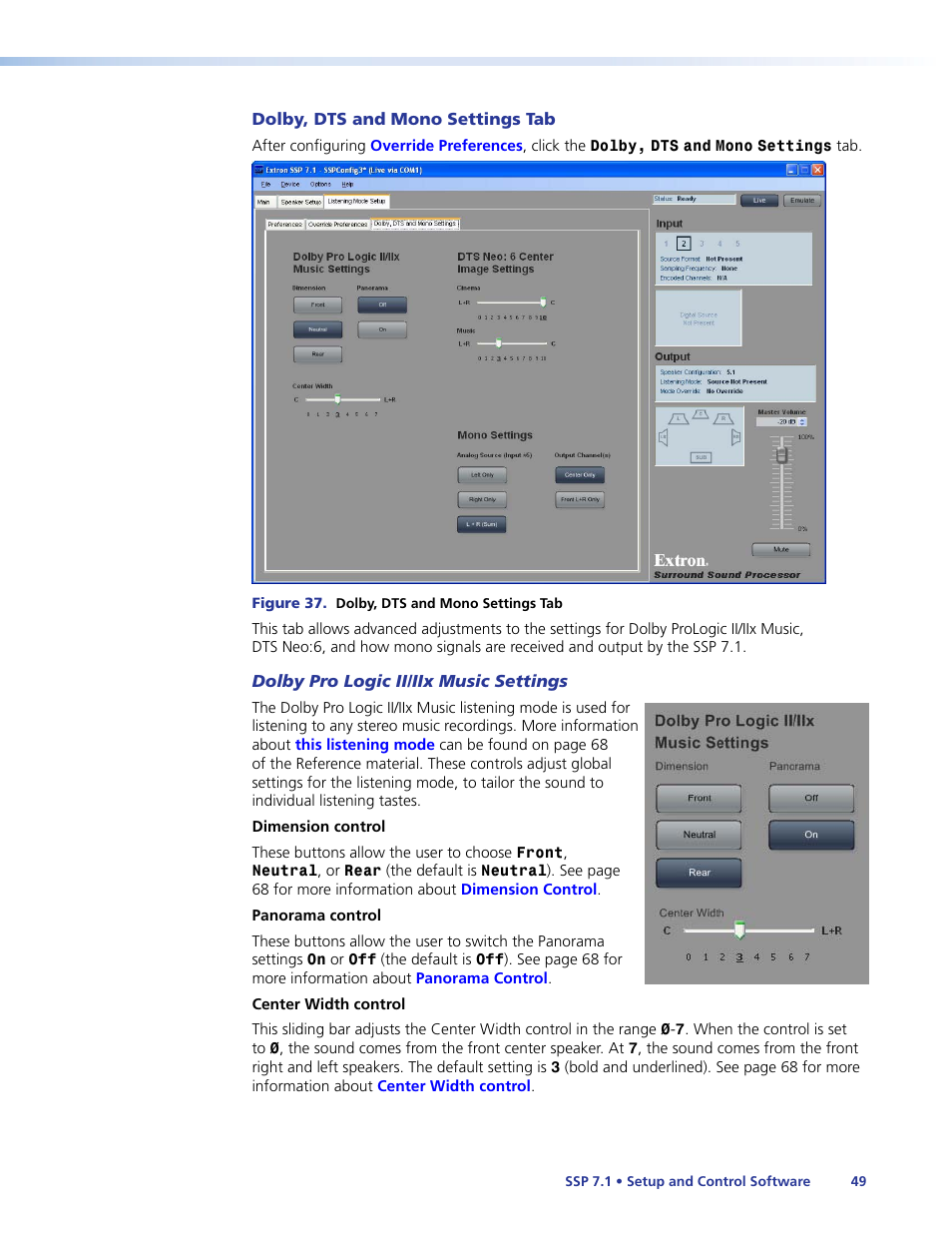 Dolby, dts and mono settings tab, Dolby, dts, and mono settings | Extron Electronics SSP 7.1 User Guide User Manual | Page 55 / 112