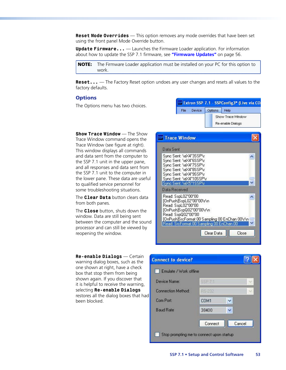 Re-enable dialogs, Options | Extron Electronics SSP 7.1 User Guide User Manual | Page 59 / 112