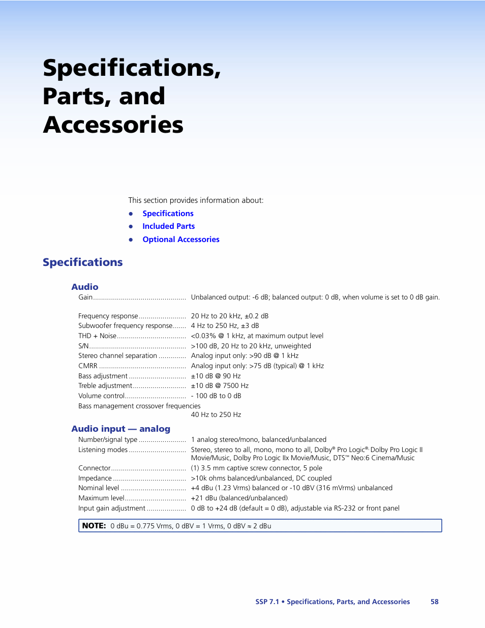 Specifications, parts, and accessories, Specifications | Extron Electronics SSP 7.1 User Guide User Manual | Page 64 / 112