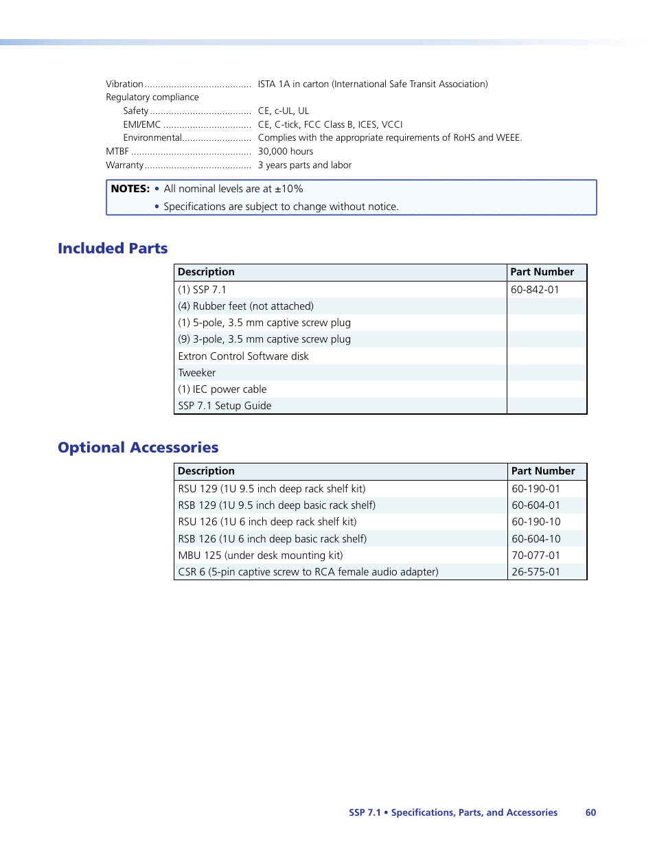 Included parts, Optional accessories, Included parts optional accessories | Extron Electronics SSP 7.1 User Guide User Manual | Page 66 / 112