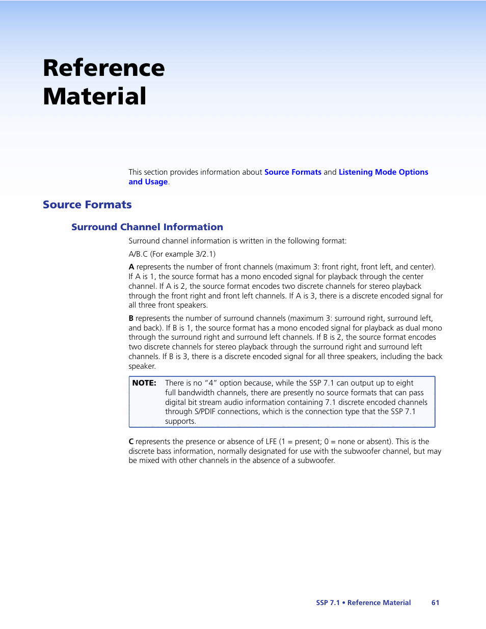 Reference material, Source formats, Surround channel information | E about, Available in the | Extron Electronics SSP 7.1 User Guide User Manual | Page 67 / 112